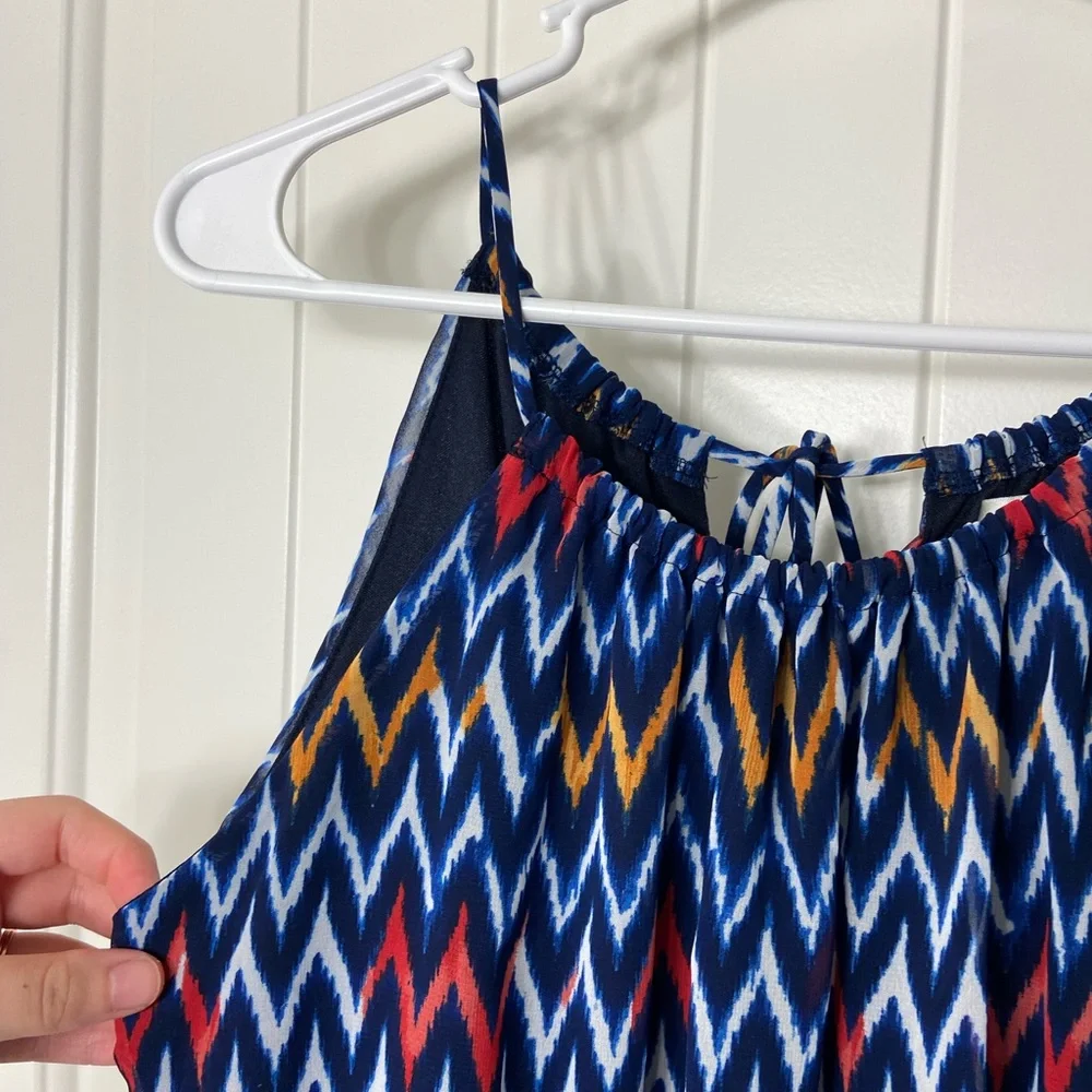 Sweet Storm women’s electric blue red orange geometric cinched high neck dress M